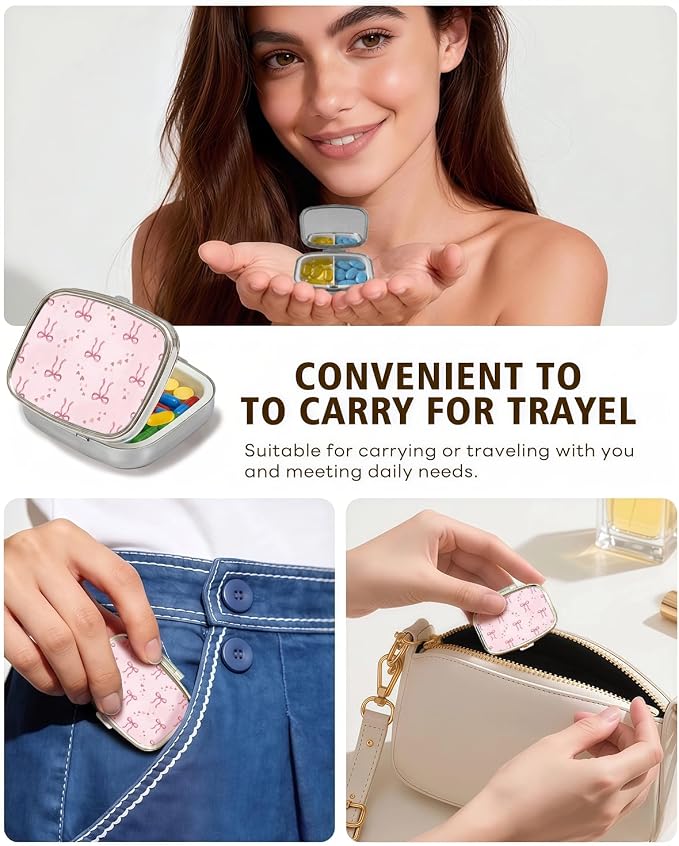 LRITER Pill Case, 2 Compartment Portable Small Travel Pill Organizer for Purse and Pocket, Stylish Medicine Case with Multiple Patterns, Daily Pillbox for Home & Travel (Bow)