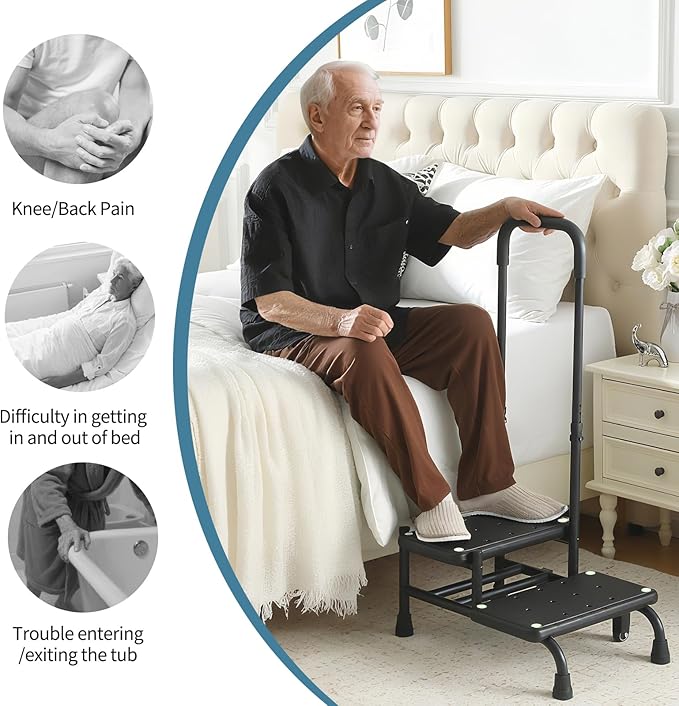 NOVII Step Stool with Wheels and Storage Bag for Elderly, 2 Step Stool with Handle,Adjustable Bed Steps for High Beds for Adults,Portable Footstool for Bedroom, Kitchen, Bathroom（Black）