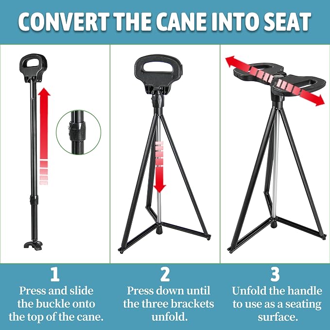 ALEVMOOM Walking Cane with Seat Folding Lightweight, 2-in-1 Cane Stool for Adults, Aluminum Walking Stick with Seat, Stick Chair Portable Stool for Senior