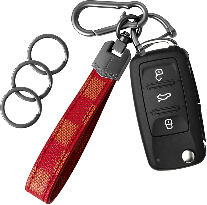 OHKYOOT Leather Car Keychain for Home Car Keys | Carabiner Clip Key Fob Keychain for Women Men,Car Key Holder with 3 Key Ring and Anti-Lost D Ring