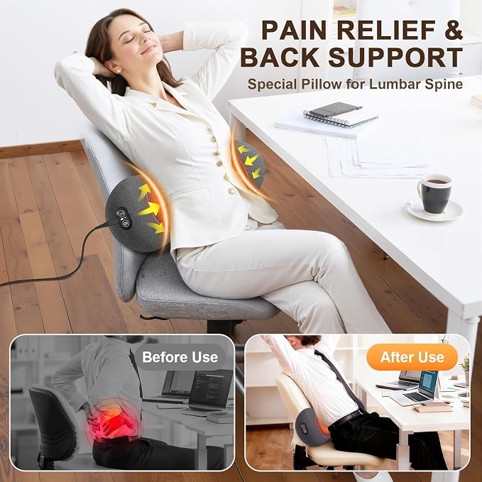3-in-1 Electric Lumbar Support Pillow,Triple Fusion Back Massager with Heat,Vibration&Traction,Back Support Pillow for Bed and Chair,Lumbar Support Pillow for Lower Back Pain Relief&Spine Support-Gray
