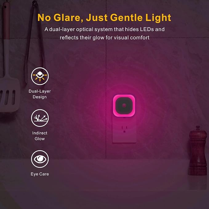 Pink Night Light Motion Sensor, Dimmable Plug in Nightlight, 2 Pack | 3 Modes, Auto Dusk to Dawn Sensor, Eye-Care Reflected Glow, Nightlight Plug into Wall, Pink Lamp for Bedroom, Girls, Bathroom