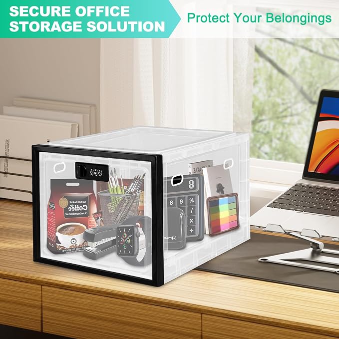 Medication Lock Box with Code, 12.6L Large Lockable Storage Box for Medicine, Snacks, Phone, and Electronics - BPA-Free, Clear Design with Charger Holes for Home, Office, Dorm, and Fridge