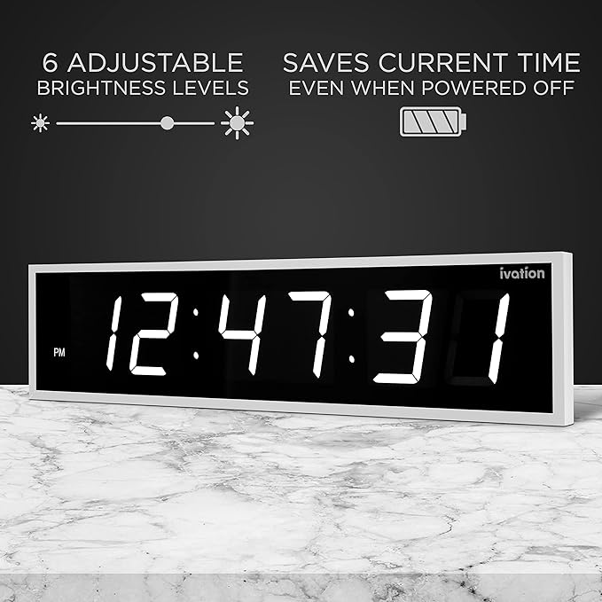 Ivation Oversized Large Digital Wall Clock - Big LED Digital Clock w/Large Display & Durable Aluminum Frame Shelf or Wall Mount (24 Inch - White) 6 Brightness Levels | Time Memory | Remote