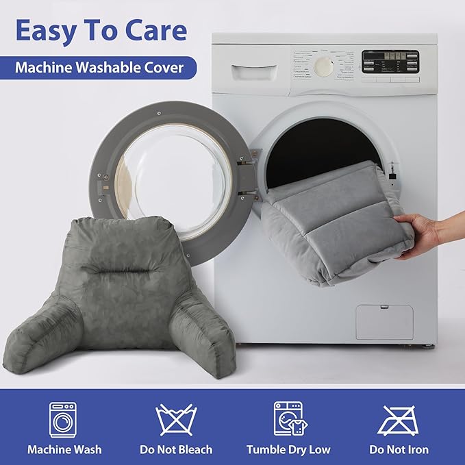 Reading Pillows for Sitting in Bed Adult, Back Pillow for Bed Sitting Up, Backrest Pillows with Shredded Foam for Adult&Teens, Support Pillow with Arms for Beds, Couch, Floor, 20in, Grey