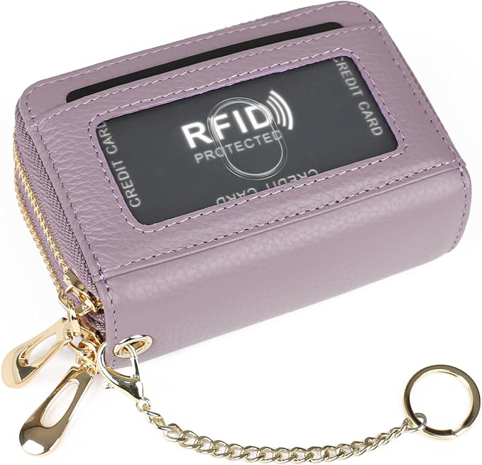 imeetu RFID Credit Card Holder, Small Card Wallet Women, Leather Card Case | Genuine Leather Women's Card & id Cases, Change Coin Purse with Zipper Keychain id Window, 20 Colors & 3 Styles, Daily, Gifts