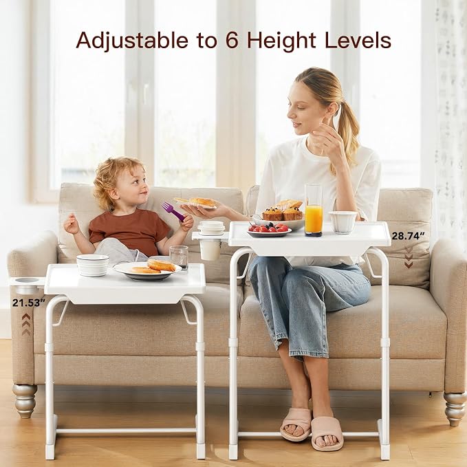 HUANUO Adjustable TV Tray Table - TV Dinner Tray on Bed & Sofa, Comfortable Folding Table with 6 Height & 3 Tilt Angle Adjustments (White)