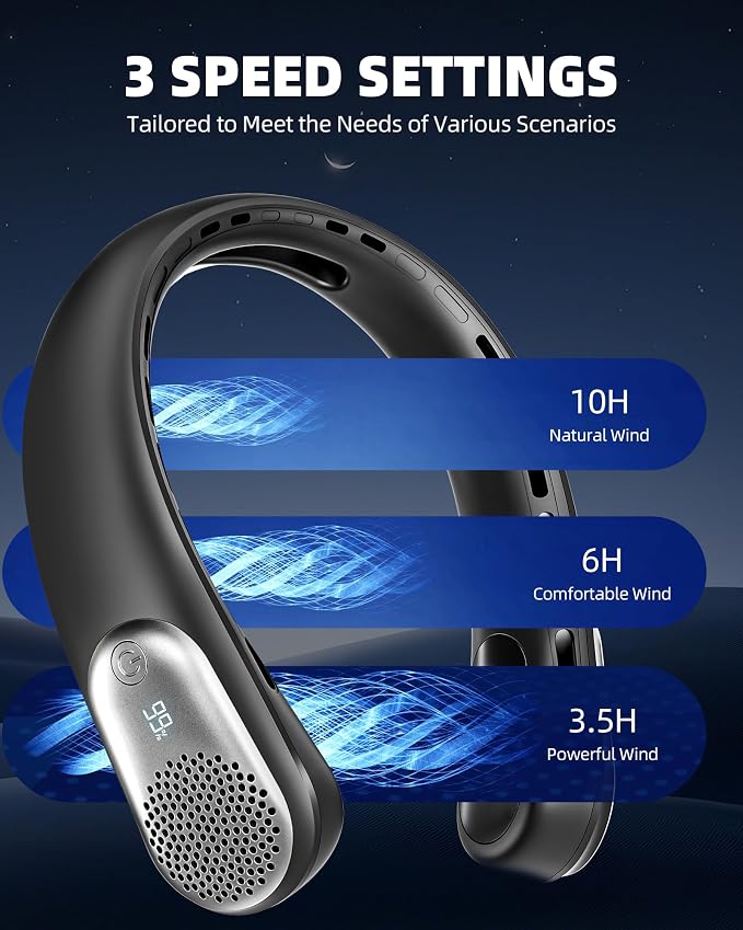 Neck Fan, Portable Personal Fan around Neck, 4000 mAh Battery Operated with LED Display, 3 Wind Speed, Fast Cooling, Ultra Quiet, USB Rechargeable Fan Men Women Outdoor Indoor