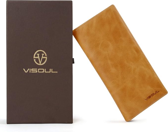VISOUL Leather Checkbook Cover Wallet for Men with RFID Blocking, Mens Long Bifold Cash Tall Wallet with 11 Credit Card Slots 1 ID Window (Tan)
