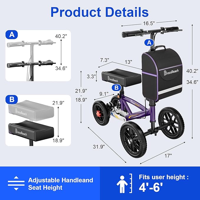All Terrain Foldable Knee Scooter Walker, Disc Brake Knee Walker for Foot Injuries, Compact Crutches Alternative (Purple)