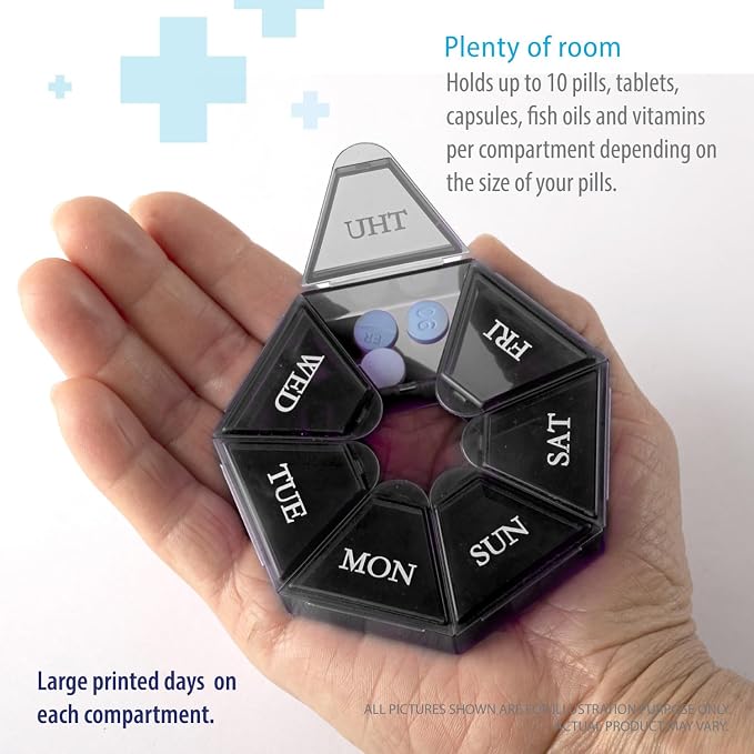 Deke Home - Small Weekly Pill Organizer, Round Pill Dispenser for Travel, Mini Pill Organizer, Compact Medicine Holder, Pill Sorters 7 Days, Portable Vitamin Container, BPA Free (Food Grade)