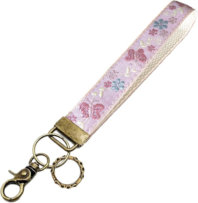 Boho Vintage Embroidered Floral plant Wristlet Keychain for Women | Cute Lanyard&Antique Brass Clasp, Lightweight Hands-Free Key Holder for keys,purses,handbags and daily outdoor use for ladies