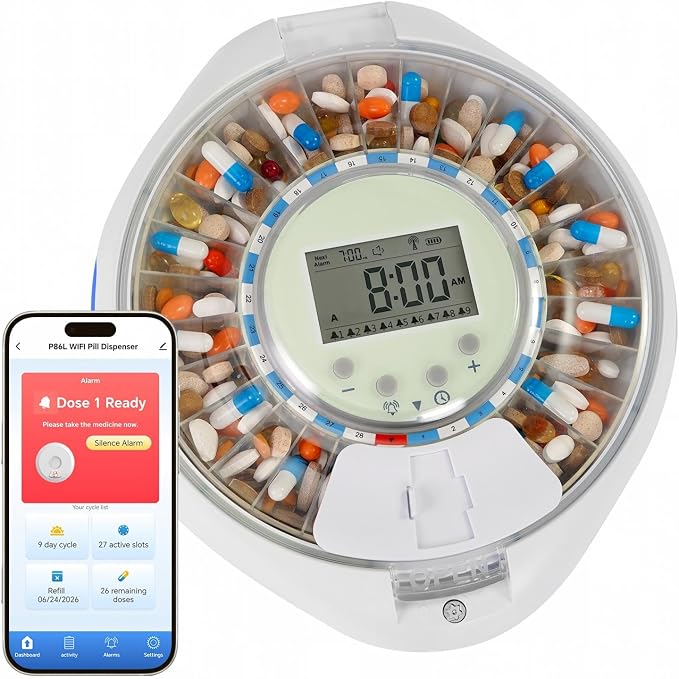 JULOS WiFi Automatic Pill Dispenser with Remote App Monitoring for Elderly | Adherence Tracking Medication History, Up to 9 Alarms, Sound & Light Reminders, for Seniors, Dementia & Alzheimer's Care