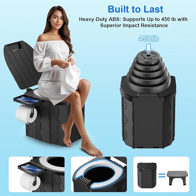 Portable Toilet for Adults, Foldable Camping Toilet Travel Floding Potty with Lid & Paper Holder, Upgrade Water Barrier,Compact Lightweight Design for Car/RV/Hiking/Beach/Camping,450lbs Capacity