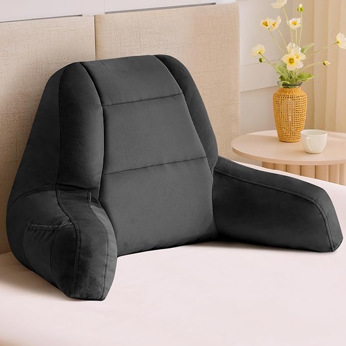 Reading Pillows for Sitting in Bed Adult, Back Pillow for Bed Sitting Up, Backrest Pillows with Shredded Foam for Adult&Teens, Support Pillow with Arms for Beds, Couch, Floor, 24in, Black