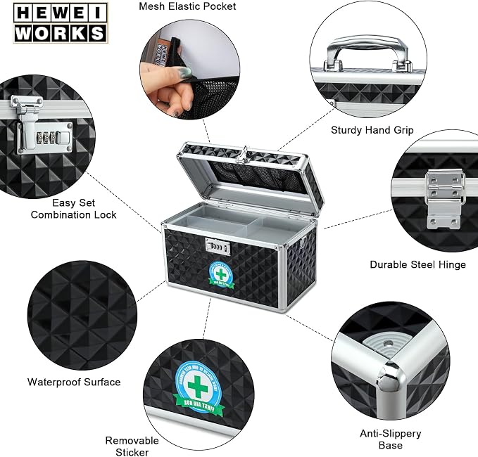 Storage Lock Box with Combination Lock, Lockable Medicine Storage Box, Empty First Aid Box, Security Lock Box, Multipurpose Locking Box for Home and Outdoor Use (Black, Large)