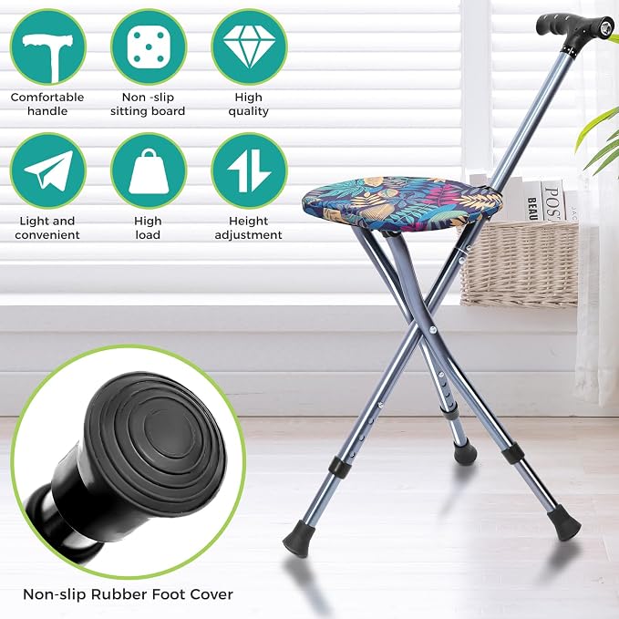 Folding Cane with Seat,Adjustable Walking Stick for Seniors,Lightweight Walking Cane with LED Light,Height Adjustment Cane Seat,Portable Cane Chair,Sturdy Crutches Stool,Supports up to 250 lbs