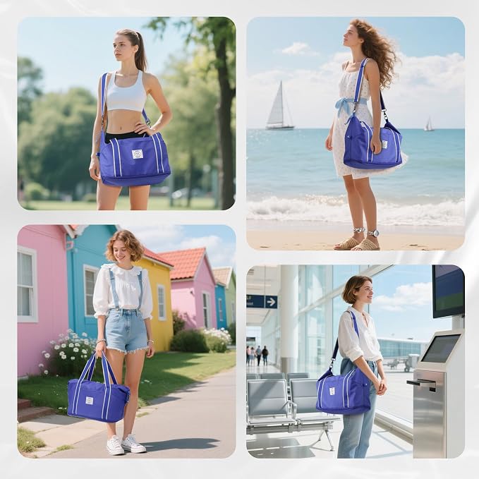 WALNEW Travel Duffel Bag, Weekender Overnight Carry On Bag for Women Men, Foldable Waterproof Gym Luggage Duffle Bag with Metal Buckle Detachable Shoulder Strap and Wet Compartment (Klein Blue)