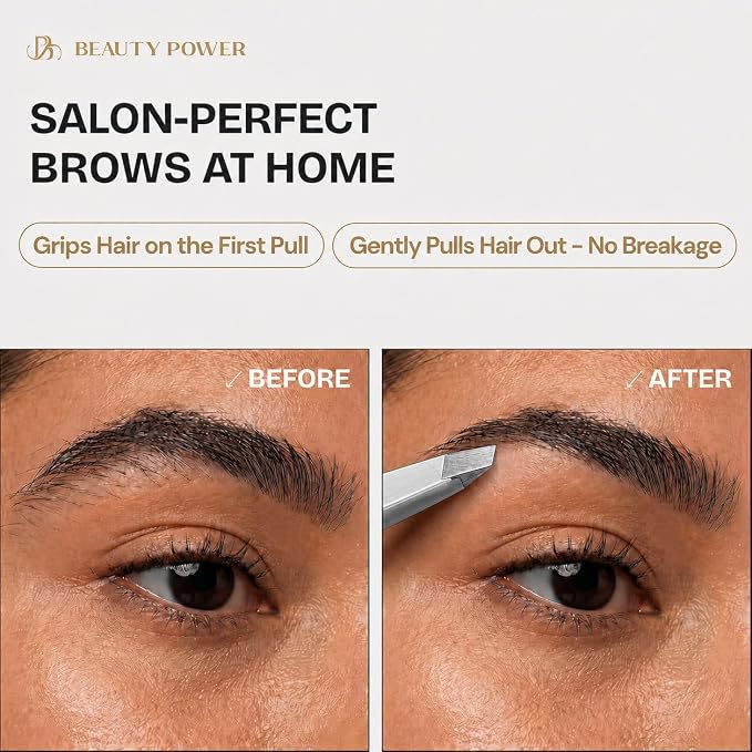 Beauty Power Slant Tip Precision Tweezers - Stainless Steel Eyebrow Tweezers for Women & Men - Precision Tweezers for Facial Hair, Ingrown Hair & Brow Shaping - Professional Beauty Tool (Gray)