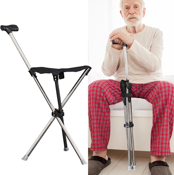 Walking Cane with Seat for Seniors, Heavy Duty Folding Walking Stick Seat, Travel Accessories Non-Slip Mobility Aids, Portable Walkings Stool for Outdoor, Travel, Queue Waiting, Hiking & Shopping