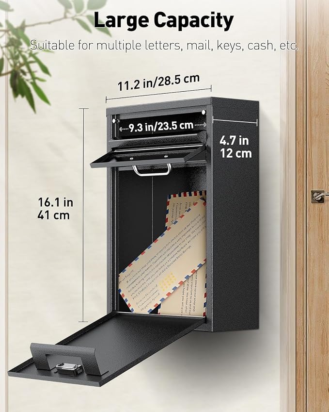 Uniclife Wall Mount Mailbox for Outside, Heavy Duty Locking Mailbox, Black | Anti-Theft Function, Large Mailbox with Combination Lock, Safe Key Drop Box, Steel Cash Drop Box for Home Office