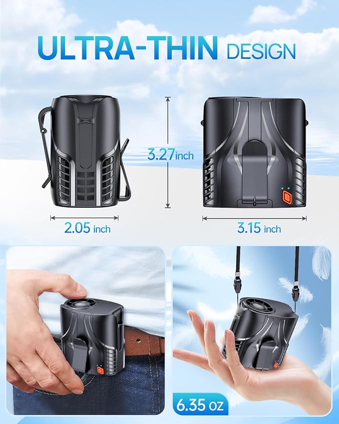 Portable Personal Waist Fan& Neck Fan, 14000RPM Brushless Motor, 40H Runtime Rechargeable, 6-Speed Quiet Operation, Clip-On Personal Body Cooling for Camping/Worksites/Outdoor