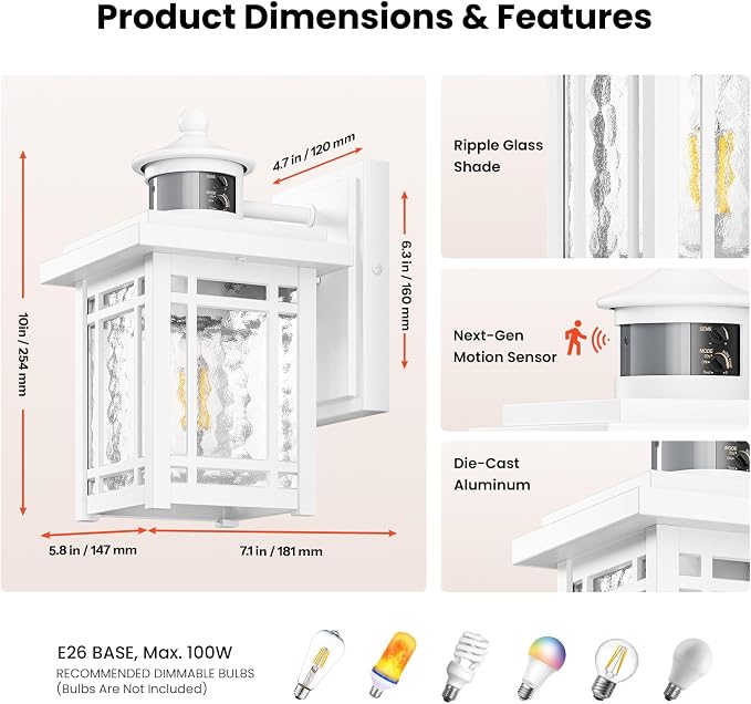 Gleamz Exterior Lighting Fixtures, White Modern Motion Sensor Porch Light, 100% Anti-Rust Outdoor Porch Lights Wall Mount, Weatherproof Outdoor Lantern Lights, Exterior Lighting Fixtures Dusk to Dawn