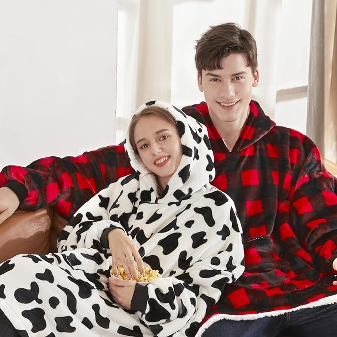 JOYWOO Wearable Blanket Hoodie,Oversized Cat Lovers Sweatshirt Blanket for Adult,Christmas Gifts for Women,Mom,Friend,Cozy Sherpa Hooded Blanket with Giant Pocket and Winter Gifts,Red Checkered