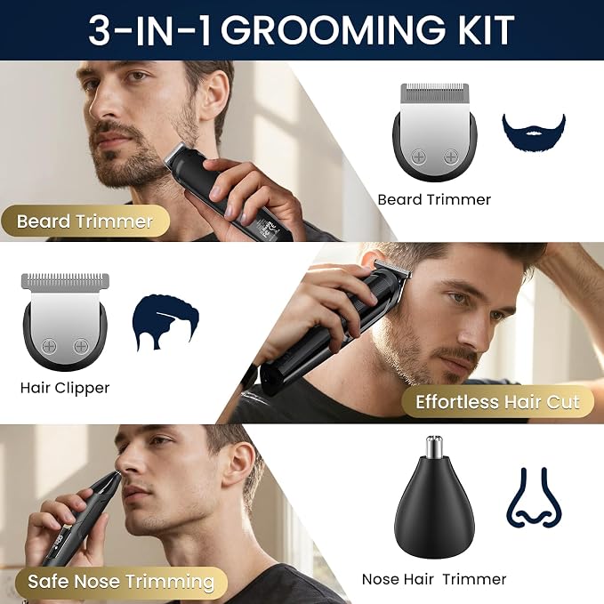Ufree 3-in-1 Beard Trimmer for Men, IPX6 Waterproof Electric Razor Shaver | Beard, Nose, Hair, Stainless Steel Blades, USB-C Fast Charge, 120-Min Usage, 8000 RPM, Wet and Dry, LED Display, Travel Lock