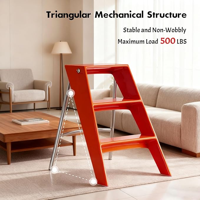 Acrylic 3 Step Ladder Folding Step Stool for Adults Foldable Small Step Stool Ladder for Kitchen Plastic Stepladder Modern Collapsible Ladder for Closet Home Bathroom Indoor (Red)