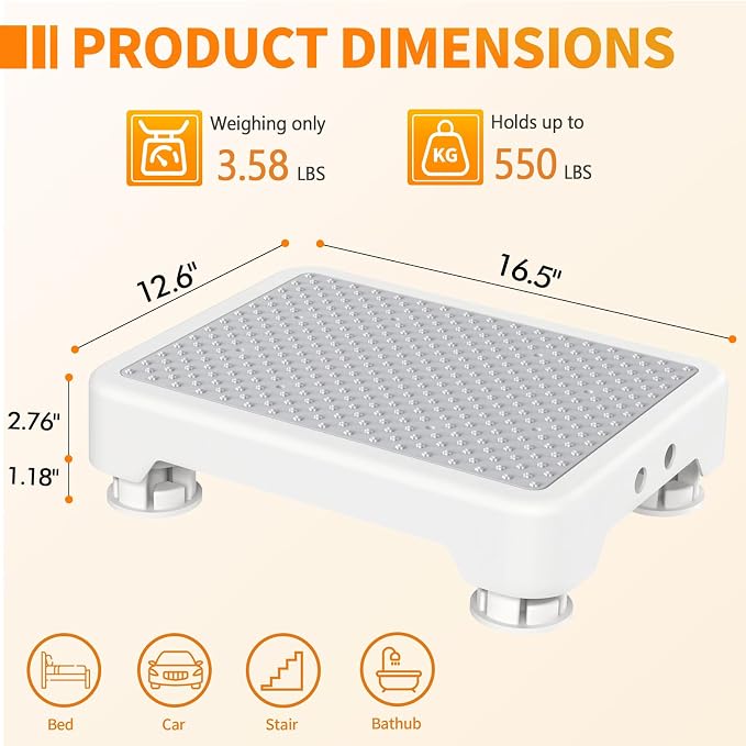 Ronlap One Step Stools for Adults, Portable Safety Step Platform for Seniors Small Plastic Bedside Step Stool Mobility Wide Step Stools Elderly Assistance for Shower Bed Car Stair Outdoor, White-Gray