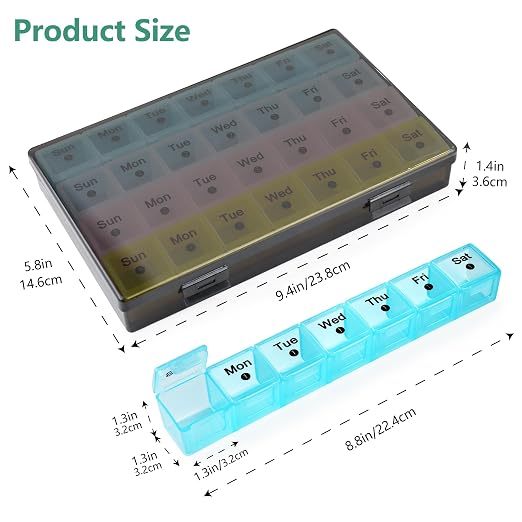 FHORAIN Monthly Pill Organizer 28 Day, 4 Weeks Pill Box 7 Day, XL Weekly Medicine Organizer for Vitamins, Fish Oil, Supplements (Multicolor+Black)