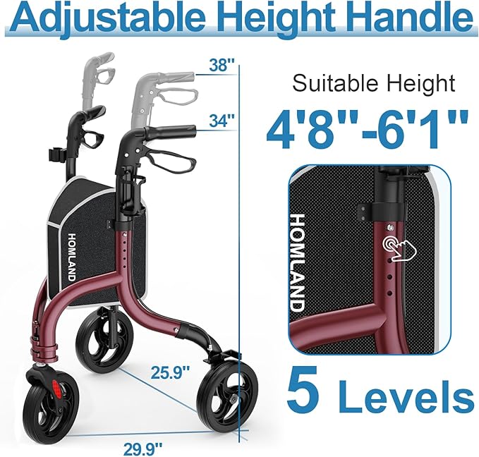3 Wheel Walkers for Seniors, Foldable Wheeled Rollator with Cane Hold and Cup Hold, Lightweight Three Wheel Rolling Walker Height Adjustable for Seniors,Burgundy