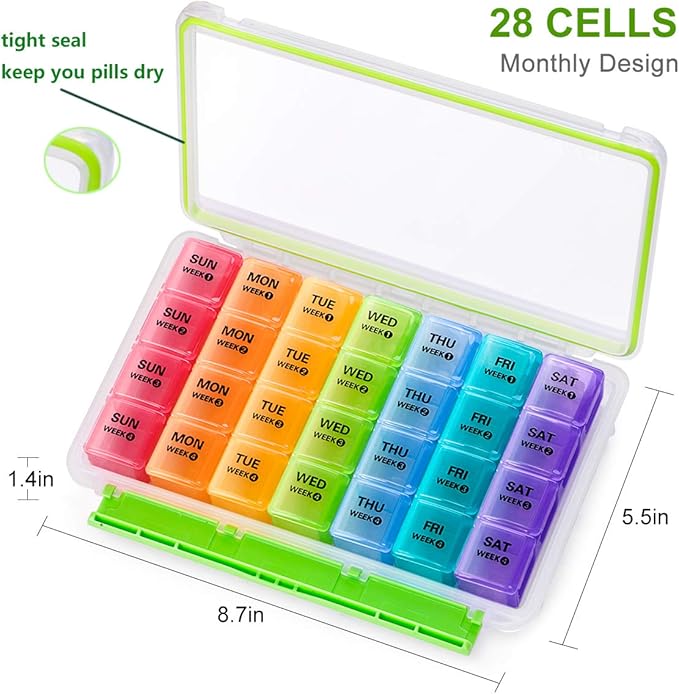 Sukuos Monthly Pill Organizer 28 Day, Large Moisture-Resistant Pill Box Cases with Dust-Proof Box and Clear Lid for Vitamin/Fish Oil/Supplements, Easy to Open and Clean