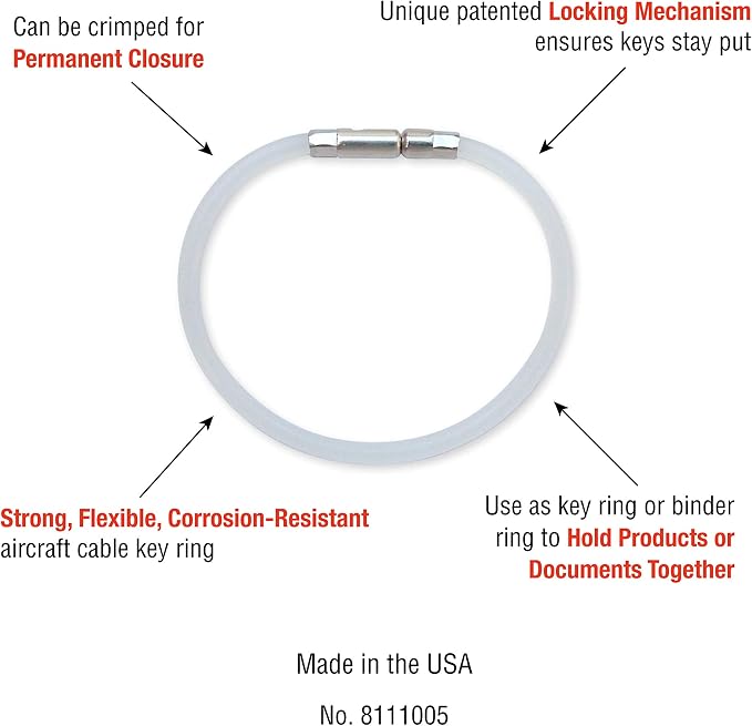 Lucky Line 5” Twisty Lock Key Ring, Flexible Nylon Coated Steel Wire Loop, Corrosion-Resistant and Durable, Clear, 5 Pack (8111005)