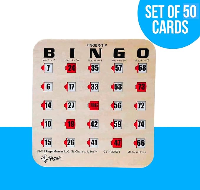 Regal Bingo Bulk Bingo Cards with Sliding Windows - Reusable Large Print Bingo Game Cards for Adults Large Group - 50 Pack, Woodgrain