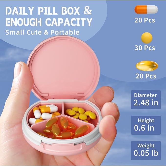 Serfeymi Small Pill Case for Purse, Unique Artistic Patterns Travel Pill Box with 3 Compartments, Portable Mini Pill Organizer for Pocket, Decorative Pill Container for Purse - Pink(Logo)