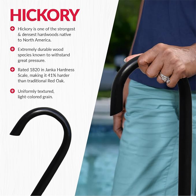 Cane Masters Handmade Wooden Classic American Walking Cane | Highly Durable American Hickory Wood Walking Cane | Ergonomic Handle and Body Grip, Anti-Slip Rubber Tip Wood
