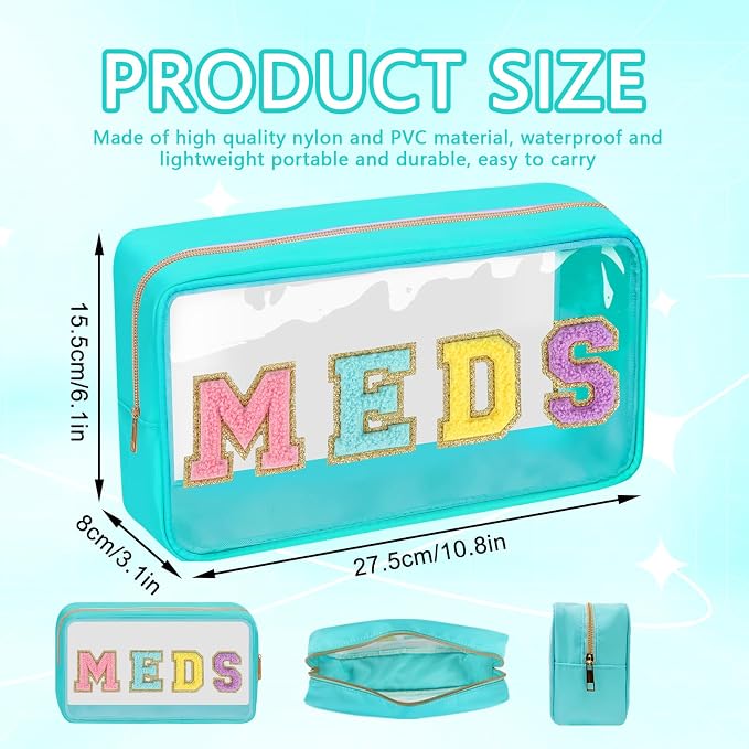Clear Letter Patch Medicine Bag Drugs Pouch with Zipper, Travel Portable Cosmetic Makeup Bag for Women Girls, Waterproof Nylon PVC Toiletry Meds Storage Case Chenille Letter Stadium Bag(Green, MEDS)