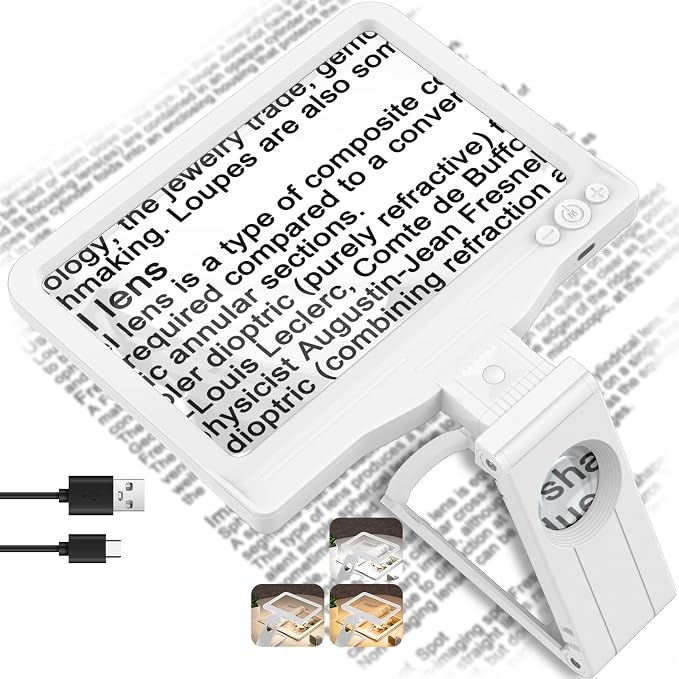 30X 6X Rechargeable Magnifying Glass for Reading, Large Full Page Magnifier with Folding Stand, 3 Color Light Modes, Dimmable LED Lighted, Hands Free Book Magnifier for Low Vision Seniors, White
