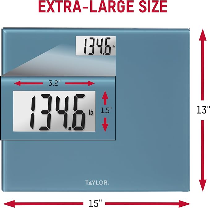 Taylor Digital Bathroom Scale for Body Weight, Extra-Wide 13x15 Slate Blue Glass Platform, Step-On Technology, Easy-Read Backlit Display, High Capacity, 5-Year Warranty
