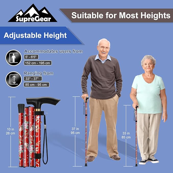 supregear Folding Cane, 5-Level Adjustable Height Walking Stick Lightweight Collapsible Portable Travel Cane with Wrist Strap and T Handle for Elderly Disabled Men Women