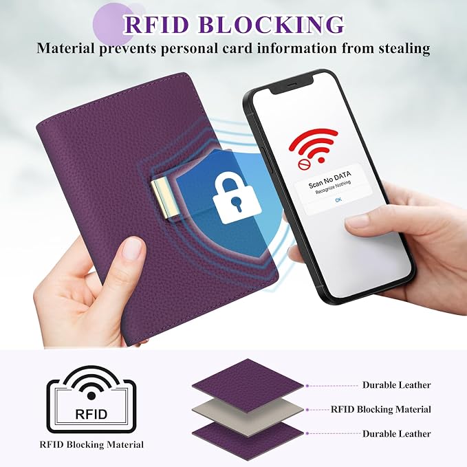 BKNOOU Passport Holder with Airtag Slot Travel Wallet Compact for Women Men, Leather Passport Wallet RFID Blocking Passport Holder for Travel with Zipper Coin Pocket, Holder Cash, Card (Purple)