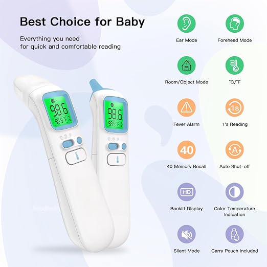 Ear & Forehead Thermometer for Adults, Kids & Baby, 1s Fast and Accurate | Fever Alert with 4-Color Backlit Display, Storage Pouch Included, Silent Mode, ℃/℉ Switchable, 35 Memories, Object Mode
