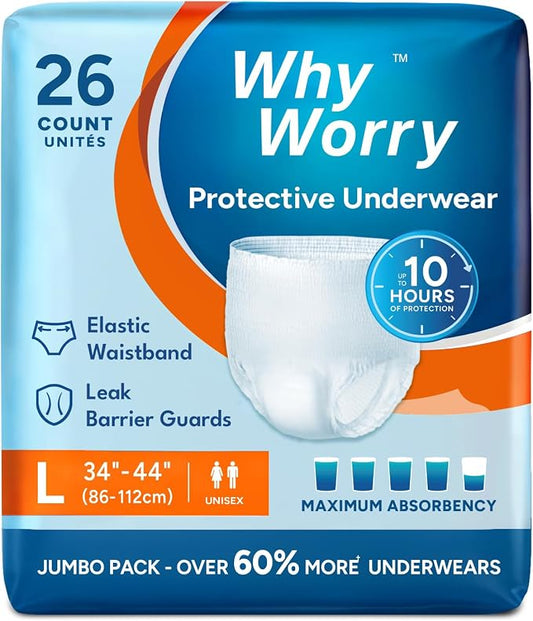WhyWorry Incontinence Underwear for Women & Men, Large, 26 Count | Disposable Adult Pull Ups with Maximum Absorbency, Leakproof Adult Diaper Pants, Overnight Protection, Odor Control, Unisex