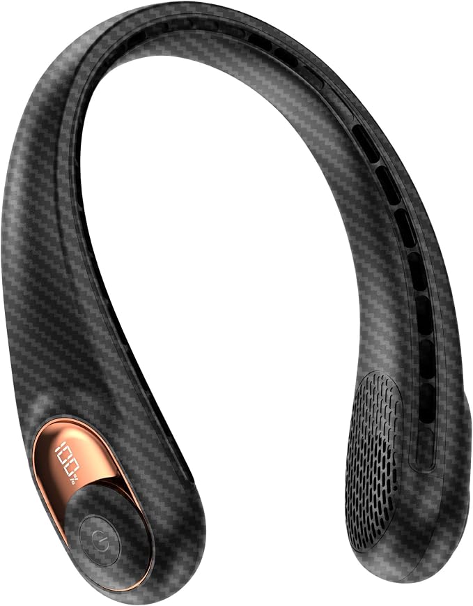 KIDEE Neck Fan Rechargeable, Portable Fan, Upgraded LED Display, 4000 mAh Battery Operated, 3 Speeds Adjustable Personal Wearable Fans for Women Men, Carbon Fiber Black