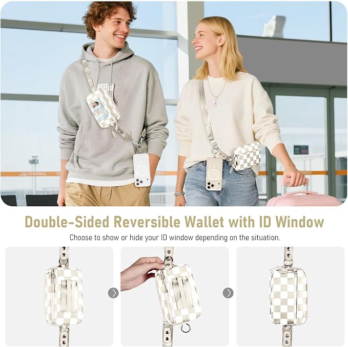 Tiostep Clip and Go Strap for Phone with Wallet Crossbody Phone Lanyard Adjustable and Detachable RFID Wristlet Wallet (Beige Yellow Checkered, Large)