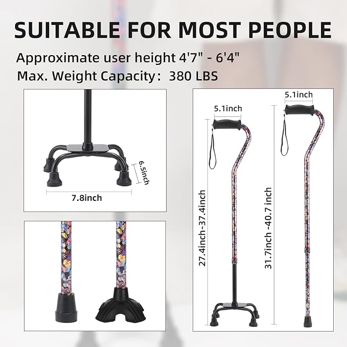 Walking Cane for Women & Men, Adjustable Quad Cane with 4-Prong Base for Stability and Balance, Folding Aluminum Walking Stick for Seniors