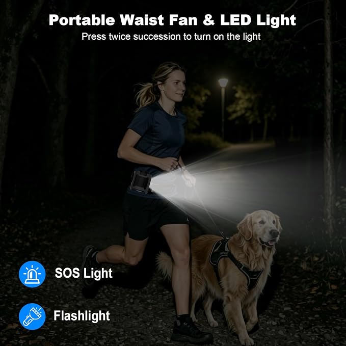 10000mAh Portable Waist Fan Clip on, Personal Cooling for Outdoor | Up to 40H, 5 Speeds 16000RPM Powerful, Hands-Free Shirt/Belt/Neck Fan with Light, for Work Camping Travel