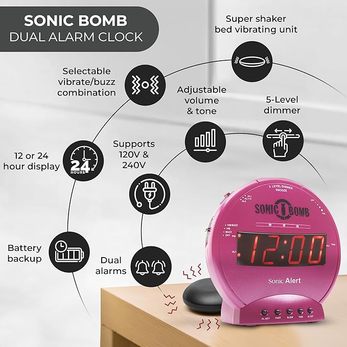 Sonic Alert Sonic Bomb Dual Alarm Clock with Bed Shaker, Pink Vibrating Alarm Clock for Heavy Sleepers, Battery Backup | Wake with a Shake